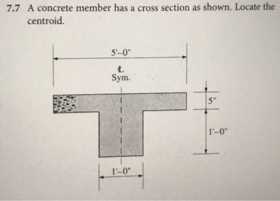 7.7 A concrete member has a cross section as shown. Locate the centroid. 5-0 Sym. 5 t8 1-0 1-0