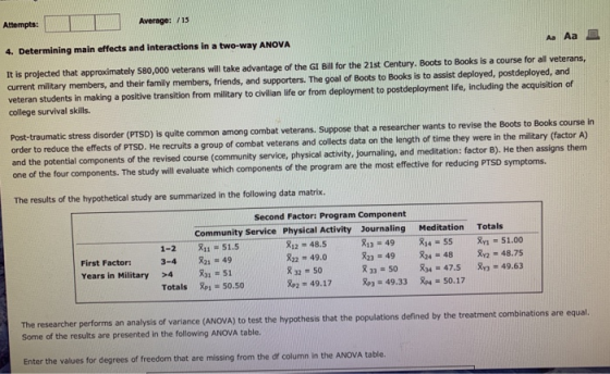 Attempts: Average: /15 Д 4. Determining main effects and interactions in a two-way ANOVA А. Аа It is projected that approxima