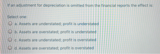 If an adjustment for depreciation is omitted from the financial reports the effect is: Select one: O a. Assets are understate