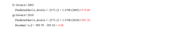f) Givenx- 2003 Predicted the Co2 level is--2571.21+1.4708 (2003)-374.80 g) Givenx-2010 Predicted the Co2 level is -2571.211.4708 (2010) 385.10 Residual -y-y 389.78-385.10 4.68