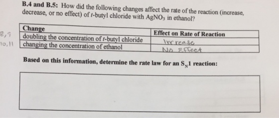B.4 and B.5: How did the following changes affect the rate of the reaction (increase, decrease, or no effect) of t-butyl chloride with AgNO3 in ethanol? Change Effect on Rate of Reaction 8, doubling the concentration of f-butyl chloride oLchanging the concentration of ethanol ncrease Based on this information, determine the rate law for an S, 1 reaction:
