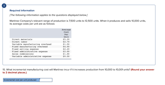 Required information [The following information applies to the questions displayed below.] Martinez Companys relevant range