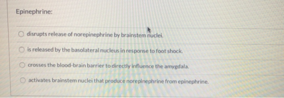 Epinephrine: disrupts release of norepinephrine by brainstem nuclei. is released by the basolateral nucleus in response to fo