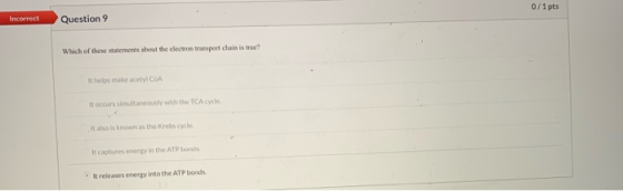 0/1 pts Incorrect Question 9 Which of these statements about the clectron transport chain is true? It helps make acetV COA It