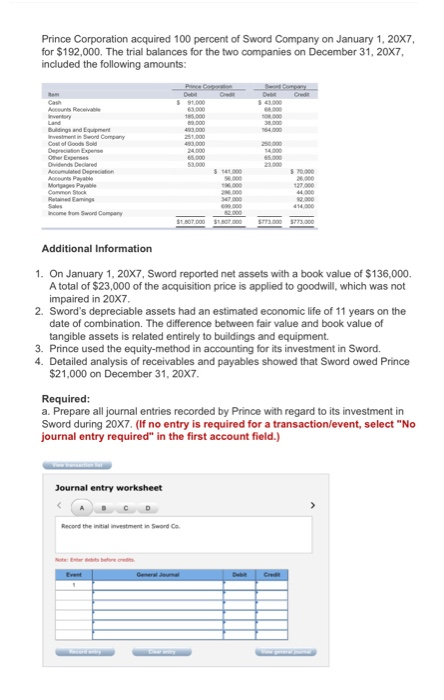 Prince Corporation acquired 100 percent of Sword Company on January 1, 20X7, for $192,000. The trial balances for the two com