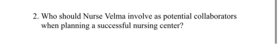 2. Who should Nurse Velma involve as potential collaborators when planning a successful nursing center?