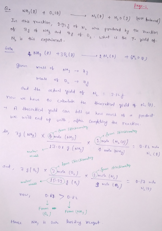 page-1 O NH₃(g) + O₂(g) - N₂(8) + H₂0 (2) (Not Balanced] In this reaction, 3.92g of Ny are produced by the reaction of Fg of
