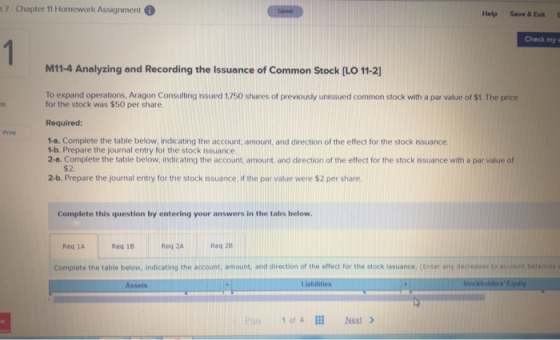 t7 - Chapter 11 Homework Assignment Help Save & Exit Check my M11-4 Analyzing and Recording the Issuance of Common Stock (LO