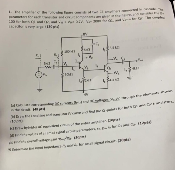 1. The amplifie parameters for each transistor and circuit components are given in the figure, 100 for both Q1 and Q2, and VeEVEe 0.7V. VA 200V for Q1, and VAo for r of the following figure consists of two CE amplifiers connected in cascade. The consider the β and capacitor is very large. (120 pts) RI V. Q2 -4V culate corresponding DC currents (U-) and DC voltages (V-Vs) through the elemen in the circuit. (48 pts) (b) Draw the Load line and transistor IV curve and find the Q -points for both Q1 and (10 pts) Q2 transistors. (c) Draw hybrid-T AC equivalent circuit of the entire amplifier. (10pts) 2pts) (d) Find the values of all small signal circuit parameters, rx, Bm, To for Qi and Q2. (1 (e) Find the overall voltage gain Vout/in (30pts) () Determine the input impedance Rs and R. for small signal circuit. (10pts)