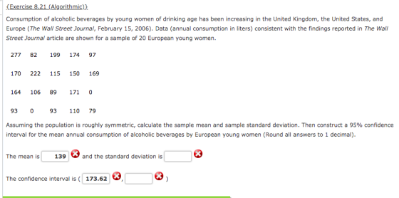 {Exercise 8.21 (Algorithmic)} Consumption of alcoholic beverages by young women of drinking age has been increasing in the Un