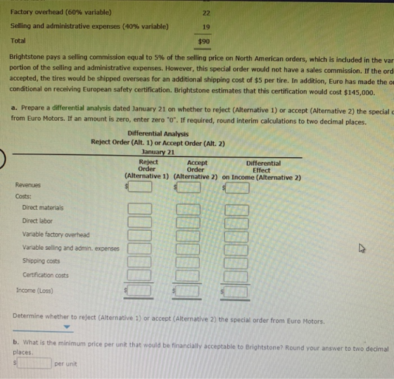 Factory overhead (60% variable 22 Selling and administrative expenses (40% variable) 19 Total $90 Brightstone pays a selling