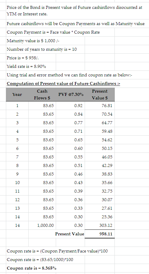 Price of the Bond is Present value of Future cashinflows disocunted at YTM or Interest rate. Future cashinflows will be Coupo