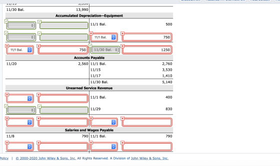 14 11/30 Bal. vo 13,990 Accumulated Depreciation-Equipment 11/1 Bal. 500 11/1 Bal. 750 11/1 Bal. 750 11/30 Bal. 1250 11/20 Ac