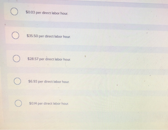 Ο $0.03 per direct labor hour. Ο $35.50 per direct labor hour. Ο $28.57 per direct labor hour Ο $6.93 per direct labor hour.