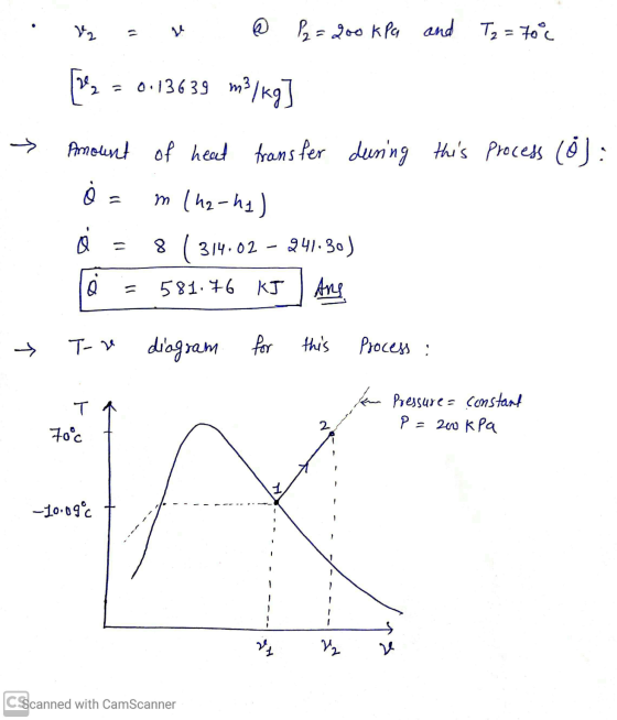 @ P2 = 200 kPa and T2 = 70c 1) [re > = 0.13639 m3/kg] Amount of heat transfer during this process (0): òa m (ha-ha) 8 ( 314.0