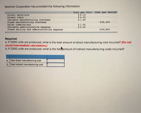 Skolnick Corporation has provided the following information: Cost per Unit Cost per Period 6.10 4.30 $1.40 Direct materials D