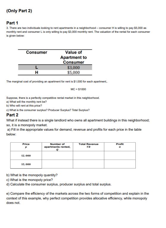 (Only Part 2) Part 1 3. There are two individuals looking to rent apartments in a neighborhood-consumer His willing to pay $5