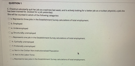 QUESTION 1 C. Chestnut voluntarily quit her job as a waitress last week, and is actively looking for a better job as a nuclea