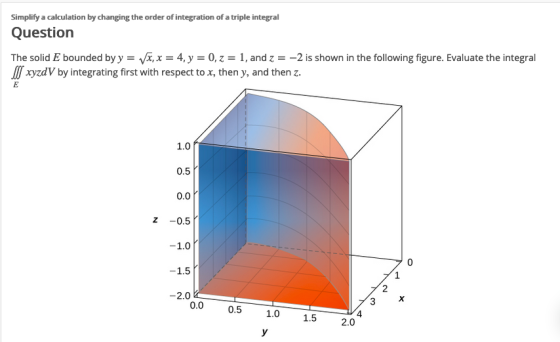Simplify a calculation by changing the order of integration of a triple integral Question The solid E bounded by y ,x = 4, y