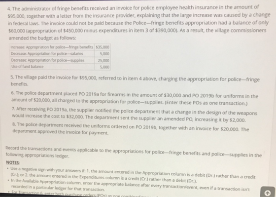 4. The administrator of fringe benefits received an invoice for police employee health insurance in the amount of $95,000, to