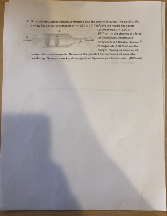3. A hypodermic syringe contains a medicine with the density of water. The barrel of the syringe has a cross-sectional area A