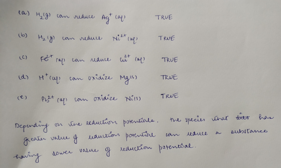 ca) Hg) can uduce Ag Ca) TRUE cam nedue Ni2t TRUE FeT C) 2+ Nauce TRUE H cap can oxidize Mas) (d) TRUE Onidize Nis) TRUE com