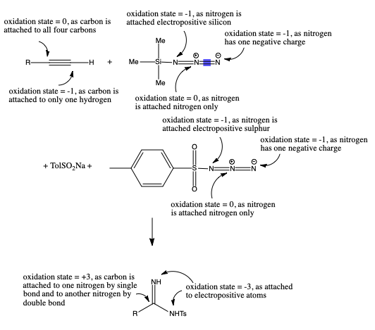 oxidation state = -1, as nitrogen is oxidation state = 0, as carbon is attached electropositive silicon attached to all four