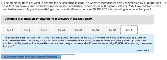 6. The president does not want to change the selling price. Instead, he wants to increase the sales commission by $1.80 per u