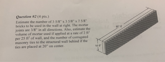 850 Question #2 (4 pts.) Estimate the number of 3 5/8 x 3 5/8 x 7 5/8 bricks to be used in the wall at right. The mortar j