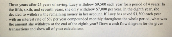 Three years after 25 years of saving. Lucy withdrew $9,500 each year for a period of 4 years. In the fifth, sixth, and sevent