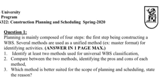 University Program N322: Construction Planning and Scheduling Spring-2020 Question 1: Planning is mainly composed of four ste