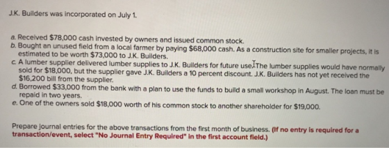 J.K. Builders was incorporated on July 1 a Recelved $78,000 cash invested by ow b. Bo ught an unused field from a local farmer by paying $68,000 cash. As a construction site for smaller projects, it is estimated to be worth $73,000 to J.K. Builders. c A lumber supplier delivered lumber supplies to J.K. Builders for future useThe lumber supplies would have normally the suppler gave JK. Buiders a 10 percent discount.J.K. Buliders has not yet received the $16,200 bill from the supplier. d. Borrowed $33,000 from the bank with a plan to use the funds to build a small workshop in August. The loan must be repaid in two years. e. One of the owners sold $18,000 worth of his common stock to another shareholder for $19,000 Prepare journal entries for the above transactions from the first month of business. (If no entry is required for a transaction/event, select No Journal Entry Required in the first account field.)