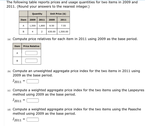 The following table reports prices and usage quantities for two items in 2009 and 2011. (Round your answers to the nearest in