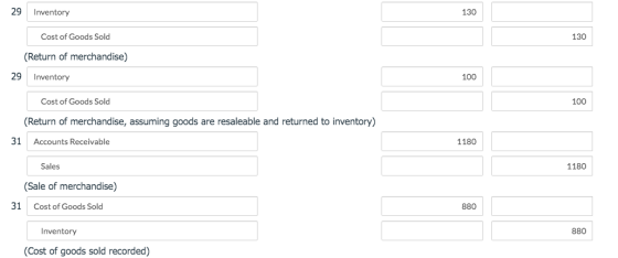 29 Inventory Cost of Goods Sold 130 (Return of merchandise) 29 Inventory 100 100 Cost of Goods Sold (Return of merchandise, a