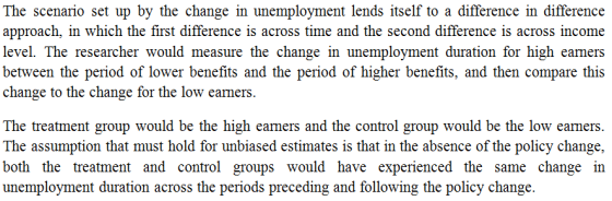 The scenario set up by the change in unemployment lends itself to a difference in difference approach, in which the first dif