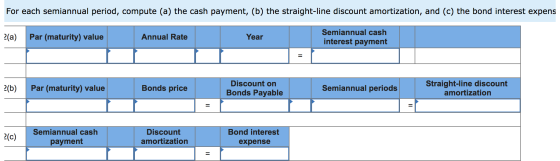 For each semiannual period, compute (a) the cash payment, (b) the straight-line discount amortization, and (c) the bond inter