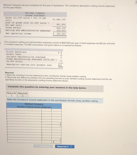 Whitman Company has just completed its first year of operations. The companys absorption costing income statement for the ye