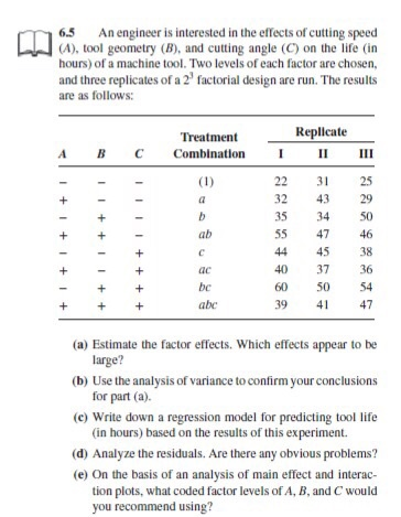 6.5 An engineer is interested in the effects of cutting speed (A), tool geometry (B), and cutting angle (C) on the life (in h