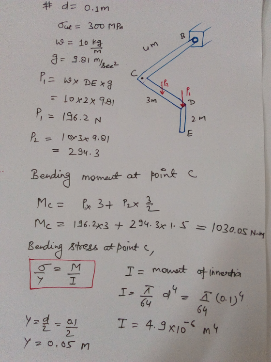 # d= 0.1m Oue = 300 M Pa W = 10 kg 9= 9.81 m/see =1x2x 9.81 Зm P, = 196.2 N | ox 3x 9.81 P2 = 2 294.3 momat at point c Bendin