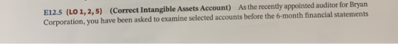 E12.5 (LO 1,2,5) (Correct Intangible Assets Account) As the recently appointed auditor for Bryan Corporation, you have been a
