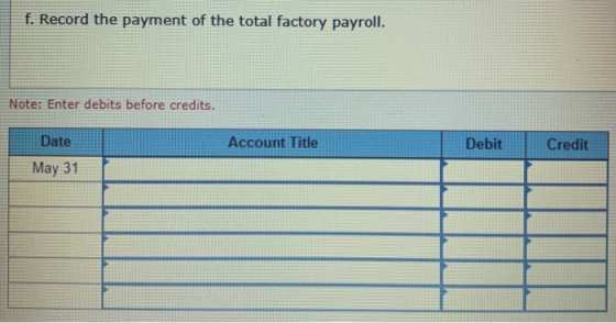 f. Record the payment of the total factory payroll. Note: Enter debits before credits. Date Account Title Debit Credit May 31