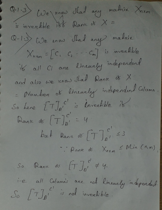 هیمال meefreix Xnxm Q-1:3) We know Con] is invertible 0.-/-3) Wel know any is invertible iff Rank of X = Shad matrix any Xnxm
