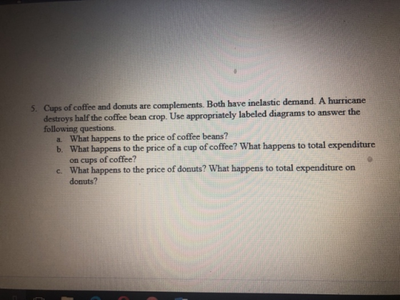 Cups of coffee and donuts are complements. Both have inelastic demand. A hurricane destroys half the coffee bean crop. Use appropriately labeled diagrams to answer the following questions. 5. h Whart happems to the price of a cup of ofle? What happens to What happens to the price of a cup of coffee? What happens to total expenditure on cups of coffee? What happens to the price of donuts? What happens to total expenditure on donuts? b. c.