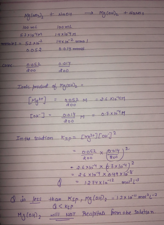 - Mg(NO3)2 + Naon mg (OH)2 + Nano loom2 - 100 ml 5.2x104m mmoles = 5.2 X10-2 0.052 114x10uM 1.4 x 10-2 mma l 0.014 mmol conc