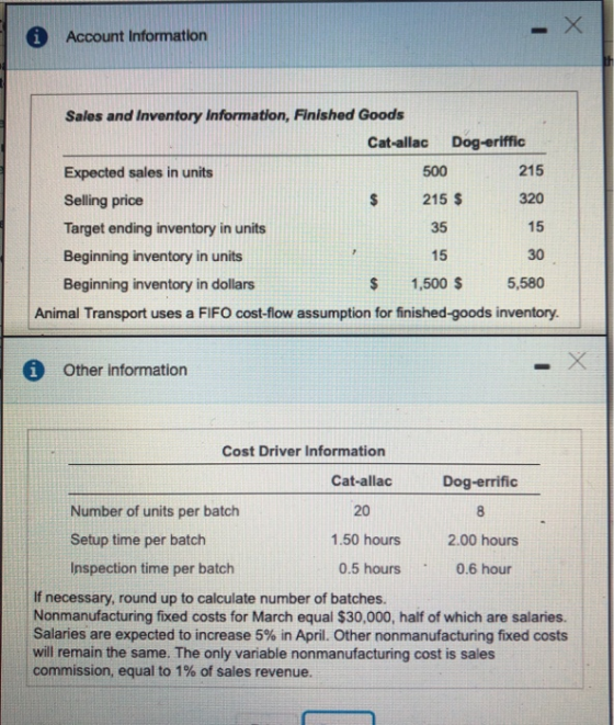 Account Information 215 Sales and Inventory Information, Finished Goods Cat-allac Dog-eriffic Expected sales in units 500 Sel