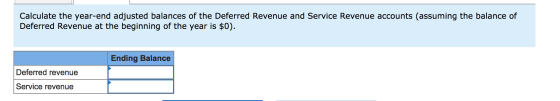 Calculate the year-end adjusted balances of the Deferred Revenue and Service Revenue accounts (assuming the balance of Deferr