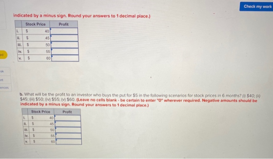 Check my work indicated by a minus sign. Round your answers to 1 decimal place.) Stock Price Profit 40% 45 El 50 v. $ 60 ence