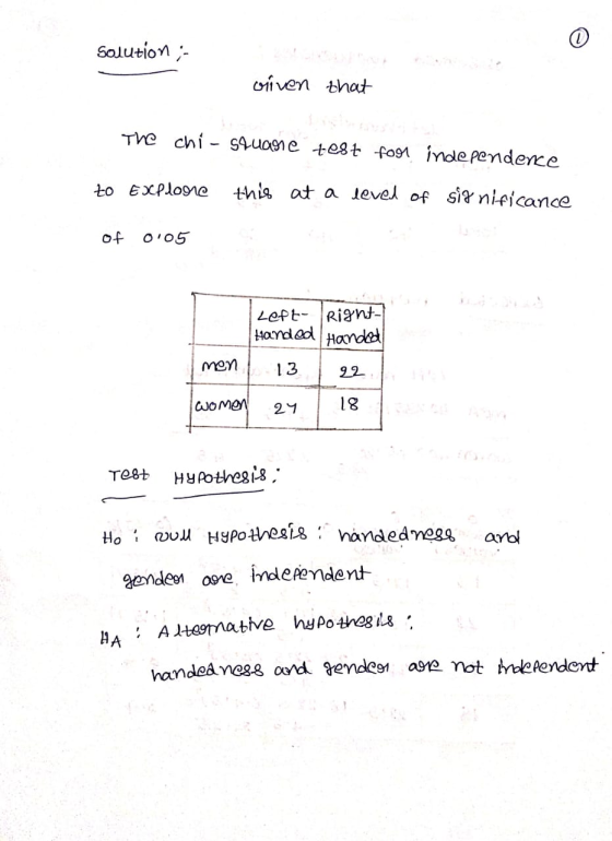 solution:- viven that The chi-square test for independence to explore this at a loved of sit nificance of 0105 Left Handed Ri