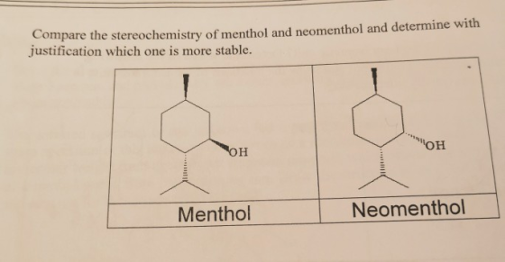ompare the stereochemistry of menthol and neomenthol and determine with justification which one is more stable. OH Neomenthol