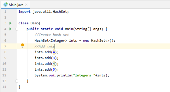 Main.java import java.util. HashSet; 1 2 3 4 5 on 7 class Demo{ public static void main(String[] args) { // Create hash set H